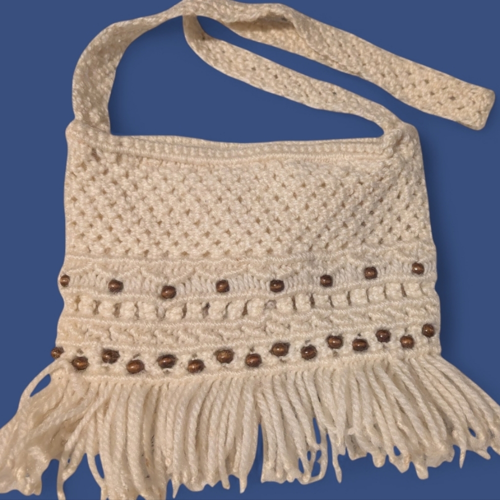 70s Vintage Macrame Purse Handbag cream fringe beads boho crochet
